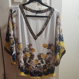 White House Black Market Floral V-Neck Blouse - White, Yellow, and Blue